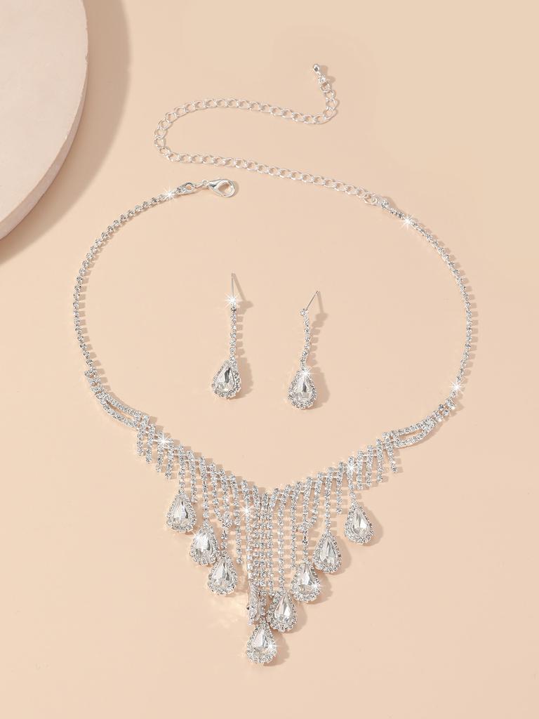Shiny Full Diamond Flower Necklace Earrings Set Premium Sense Pieces Earrings Three-piece Set