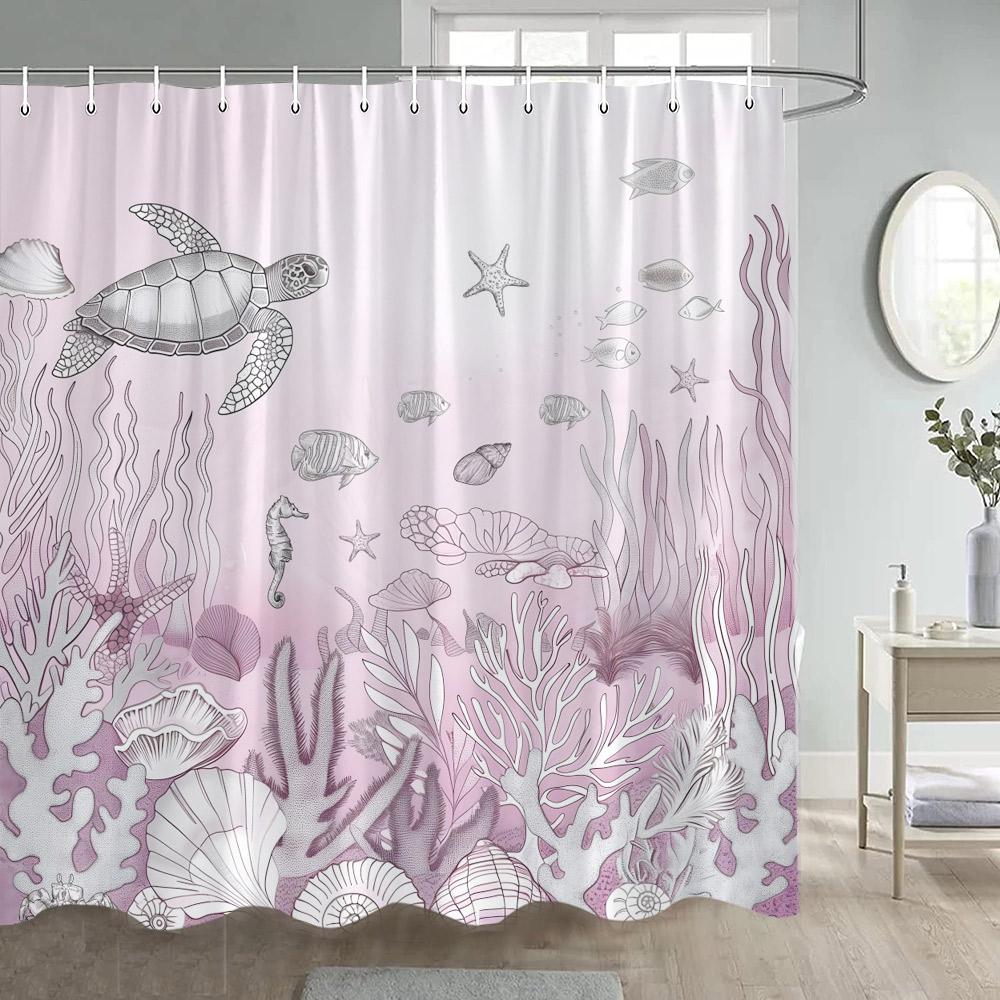 Rosa Nautischer Duschvorhang Meeresschildkröte Meeresbewohner Koralle Unterwasser Sommer Modern Polyester Duschvorhang Mit Haken Heimdekoration