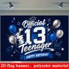 13th Teenager Birthday Banner Backdrop Blue Silver Balloons Rocket Game Controller