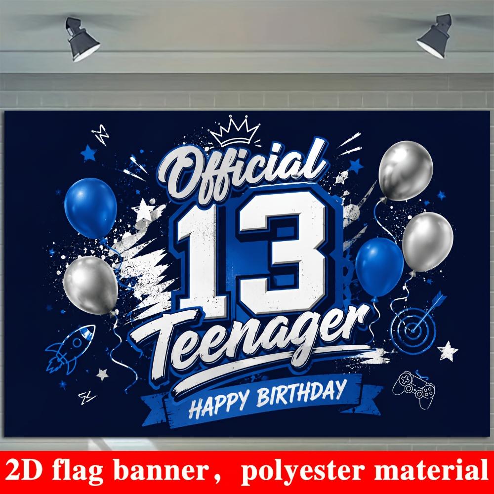 13th Teenager Birthday Banner Backdrop Blue Silver Balloons Rocket Game Controller