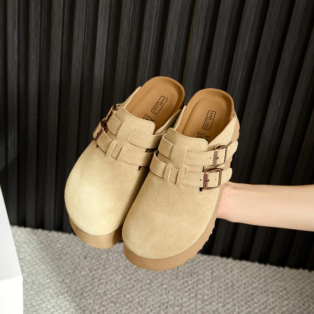 Leather half slippers thick-soled Boken shoes add 6CM women's shoes in summer new short shoes bag head Boken shoes women