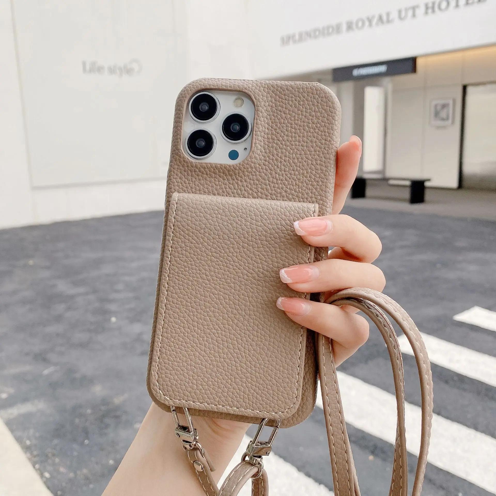 Lanyard Leather  Wallet Crossbody Phone Case for IPhone 15 14 13 12 11 Pro Max Mini X XR XS Max 7 8 Plus Card Slot Holder Cover marrone
