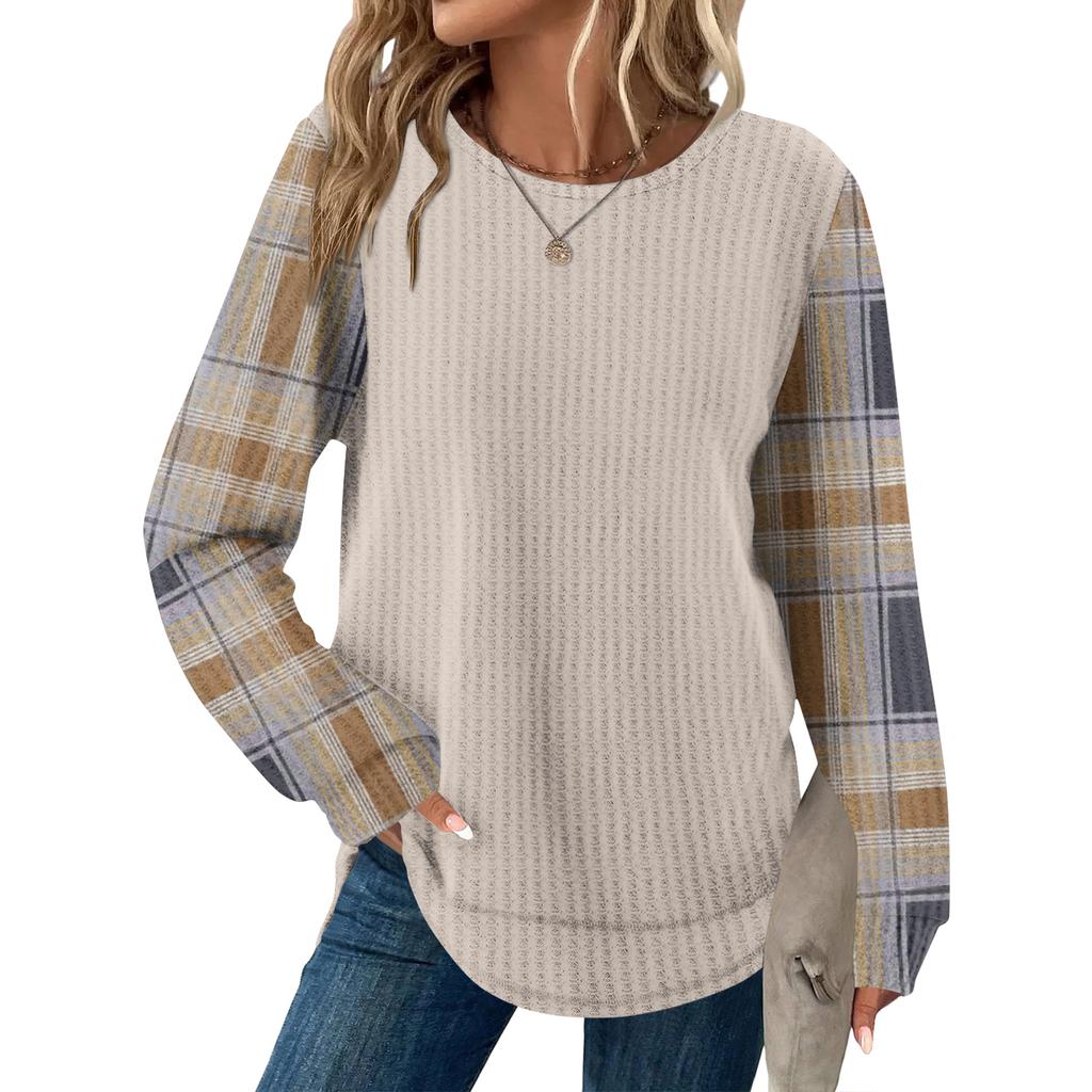 Women's Plaid Print Round Neck Long Sleeve Casual Loose Top