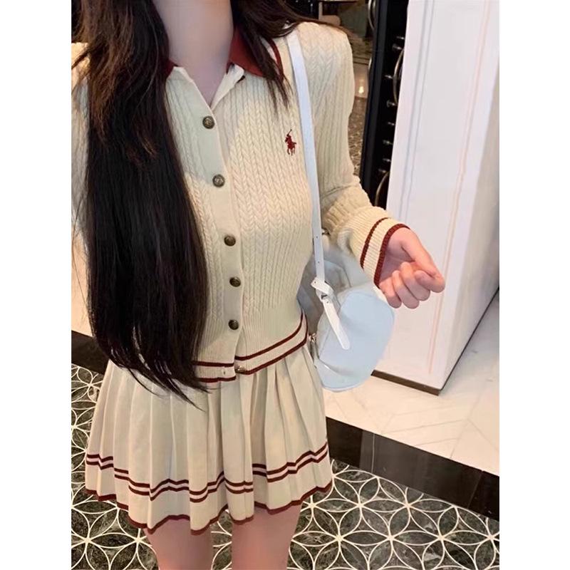 Preppy Two-Piece Knit Cardigan & Pleated Skirt Set with Polo Collar