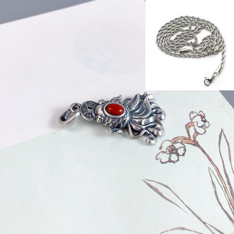925 Sterling Silver Red Agate Goldfish Koi Necklace Pendant for Men & Women – Retro Style, Year-After-Year Abundance