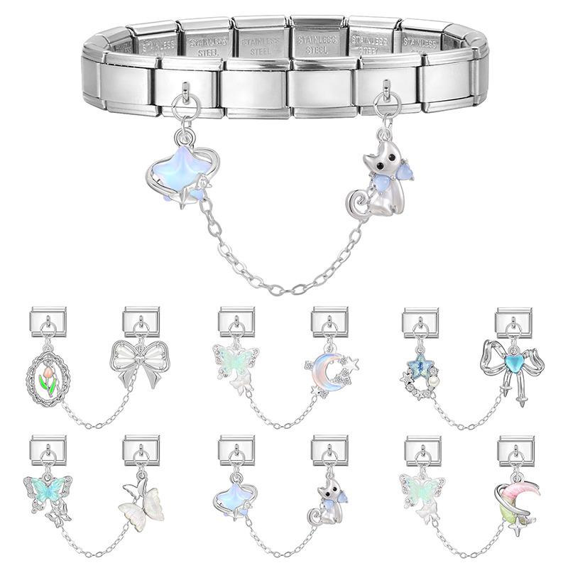 Dreamy Butterfly Moon Star Tulip Tassel Chain Italian Charm Links Fit 9MM Stainless Steel Bracelet Women DIY Making Jewelry