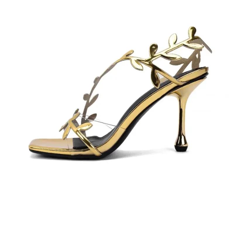 

2025 Summer Ladies High Heels Fashion Pointed Leaf Gold Silver High Heel Sandals Women Party Wedding Shoes 34