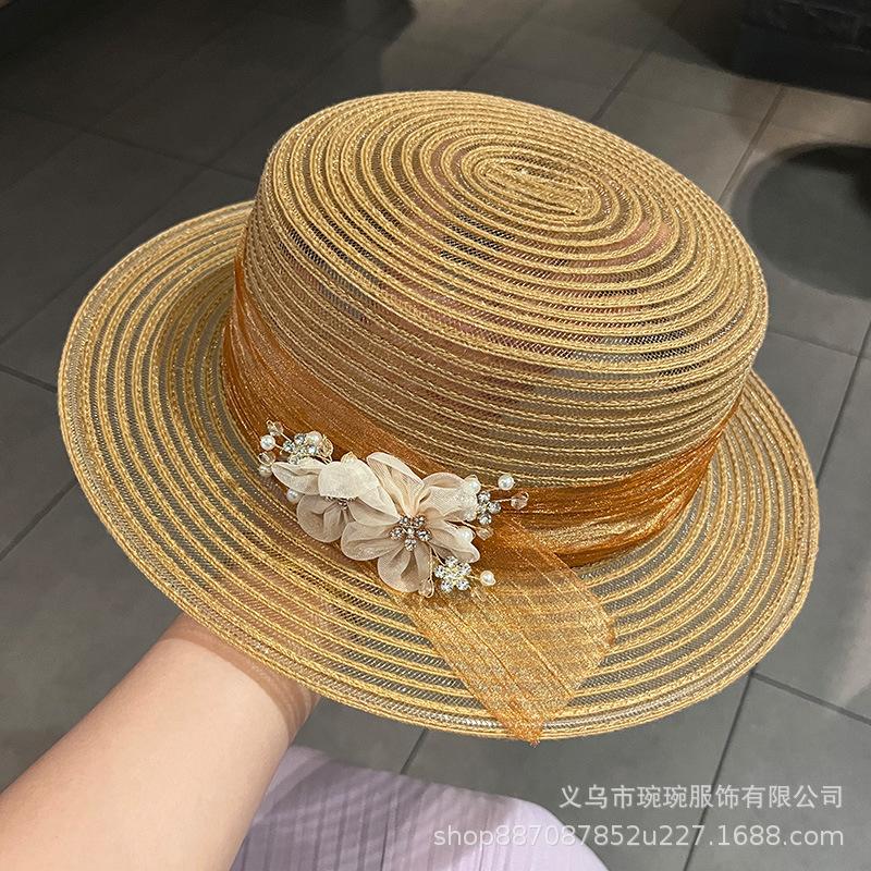 Ladies mother top hat spring and summer in the elderly new flat flower mesh hat seaside vacation beach hat