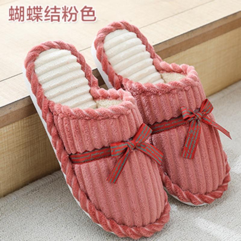 Bow cotton slippers women and men winter couples home non-slip fluffy warm floor mop corduroy slippers
