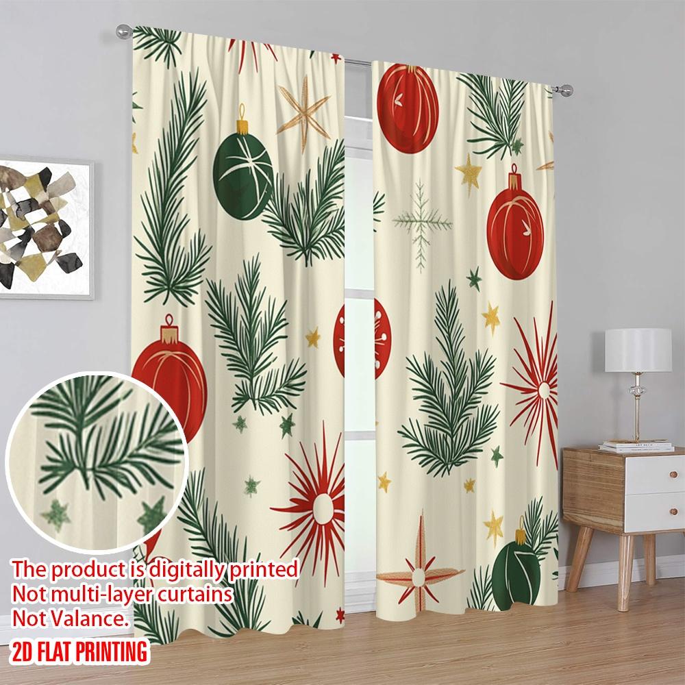 2pcs,2D Plane Printing Curtains Christmas Baubles Pine Branches Stars (2) Polyester (without Rod) Holiday for Various Room Types