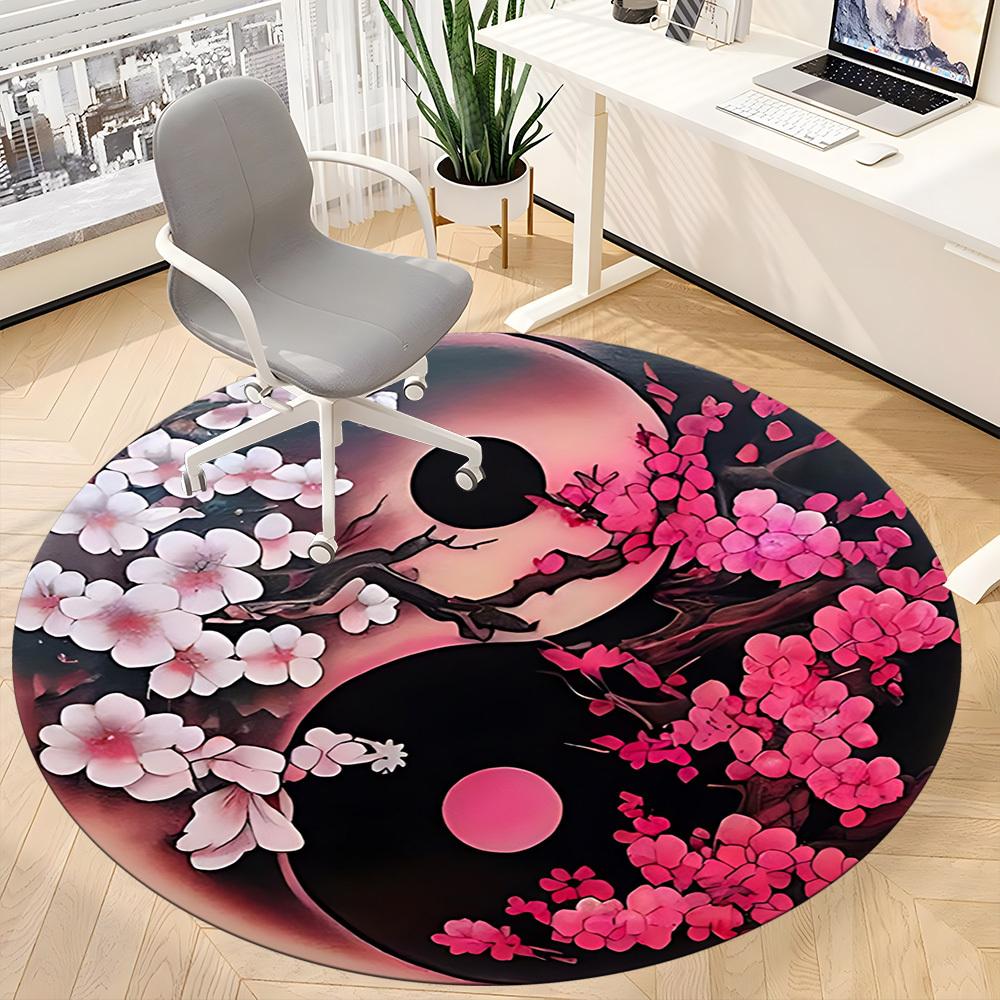 1PC Cherry Blossom Yin Yang Office Round Rug, Non slip, Soft and Durable Office Rug for Interior Decoration, Perfect for Office