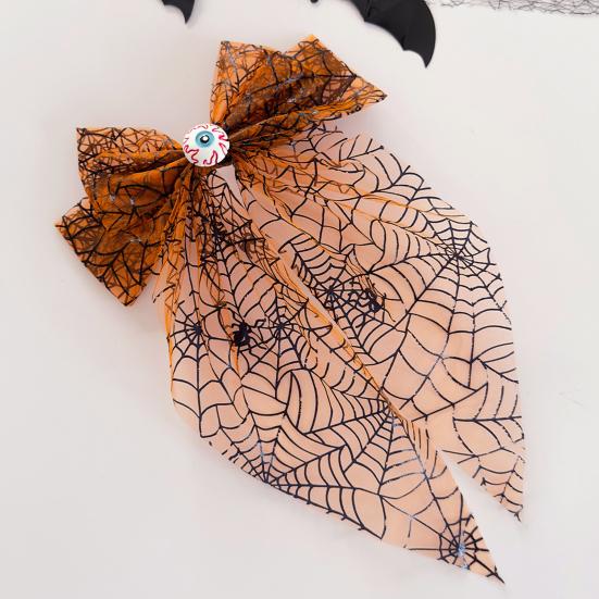 Women Hair Clip Halloween Spider Web Bow Clip, Pumpkin Eyeball Tulle Spring Accessory with Long Tails, Accessories for Holiday Party Themed Clips