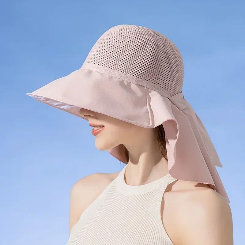 

Women s Summer Bucket Hat with Shawl - Lightweight Breathable Mesh Sun Hat, Neck Protection Bow Design Beach Cap One Size розовый