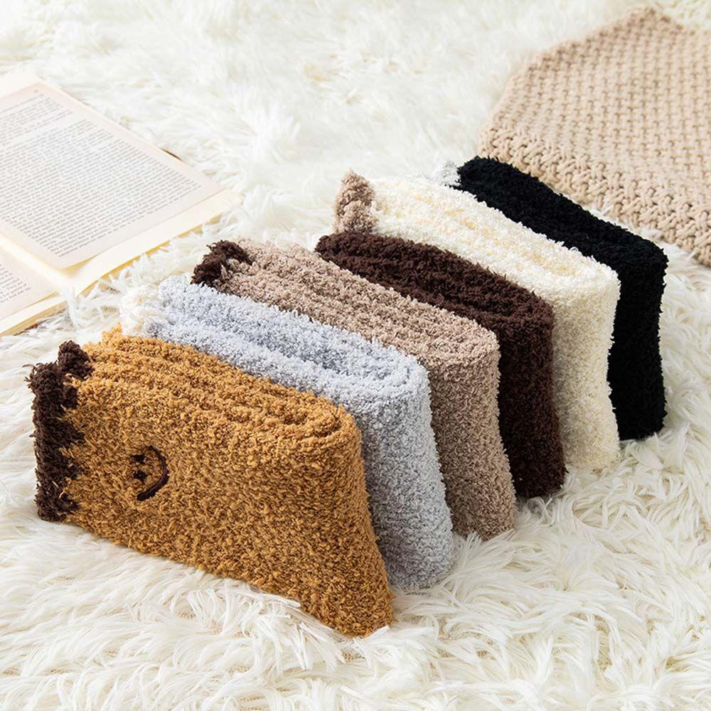 Solid Color Embroidery Bear Girls Mid-tube Socks Female Hosiery Coral Fleece Socks Cute Floor Socks