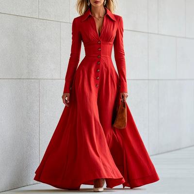 2026 European and American Women's Clothing Solid Color Button Lapel Temperament Long Dress Women's Dress Waist Swing Skirt