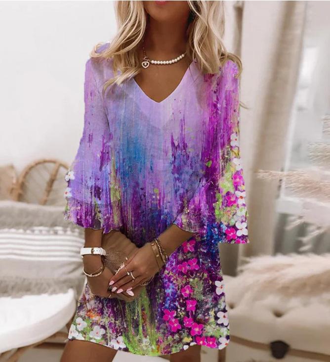 

Women s V-Neck Floral Print Flare Sleeve Midi Dress, Blue Leaf Pattern, Casual Summer Dress 4XL