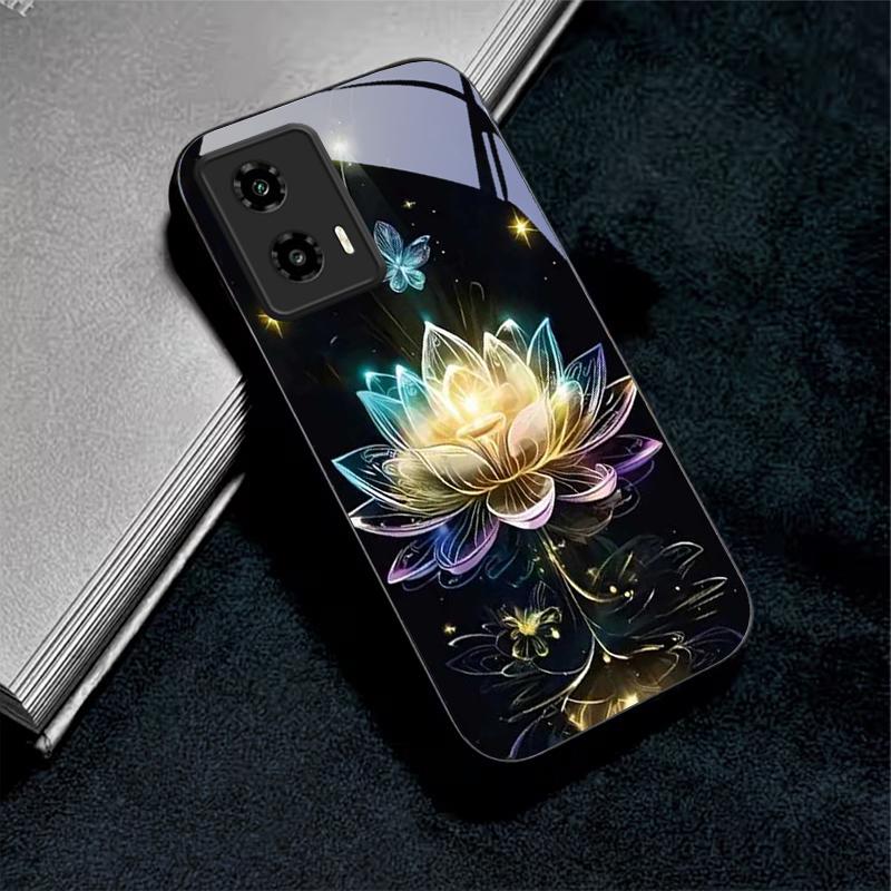 Crystal Lotus Art Black Glass Phone Case For Motorola Moto G14 G22 G24Power G24 G34 G35 G45 G54 55 G75 G84 85 Hard Black Cover