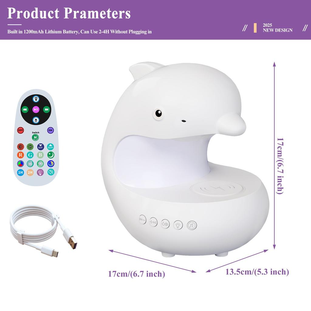 Wireless Charging Night Light Cute Dolphin Mood Colorful Ambient Lighting Bluetooth Speaker Bedroom Bedside Table Lamp