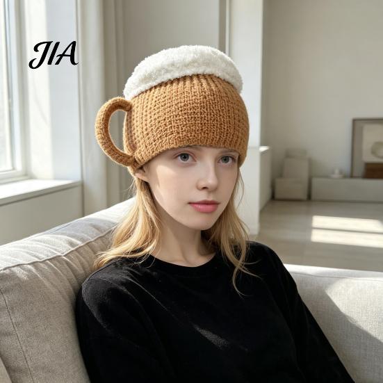 Unique 3D Beer Cup Headwear Funny Mug Hat, Novelty Knitted Leg Warmers Hat with Handles, Winter Warm Gloves for Adults Men And Women Cozy Thanksgiving