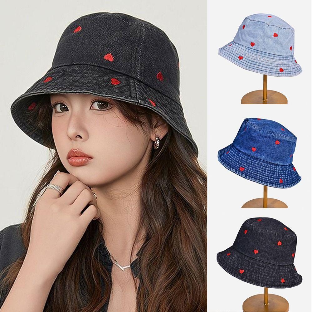 Love Heart Embroidery Denim Fisherman Hat Versatile Sun Protection Hat Fashion Bucket Hat Women