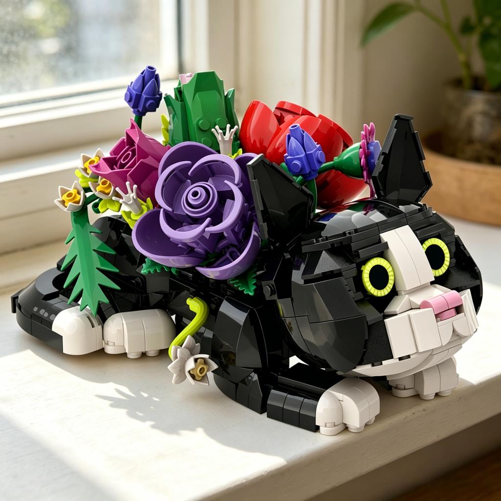 Cat Flower Bouquet Succulent Planter Building Blocks Set Creative Plants and Animals Model Decoration DIY Bricks Toys Xmas Gifts