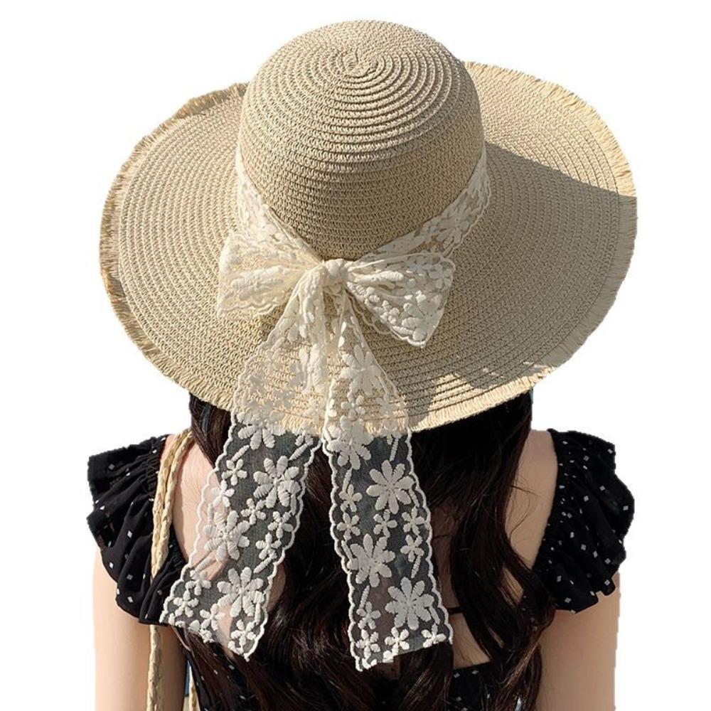 Adjustable Wide Brim Sun Hat Breathable Sunshade Cap Vacation Lace Bowknot Straw Hat  Girls