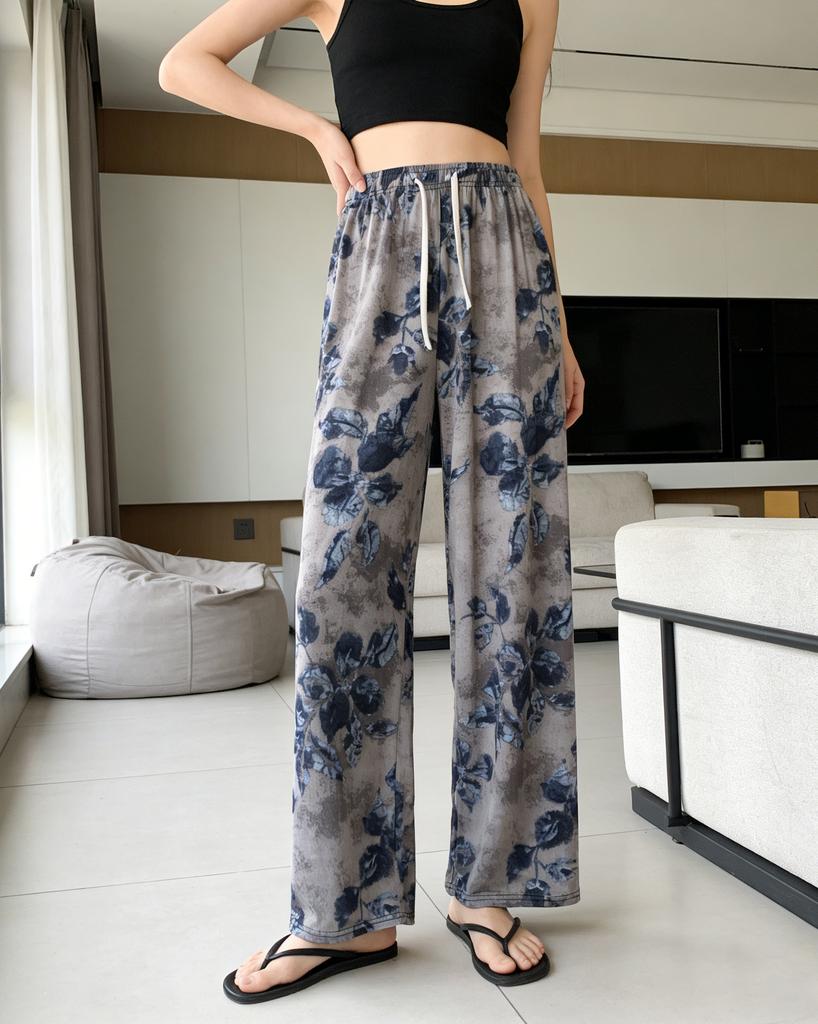 Ice silk wide-leg pants women's summer thin new Chinese ink cool pants high-waisted casual pants trousers women's clothing