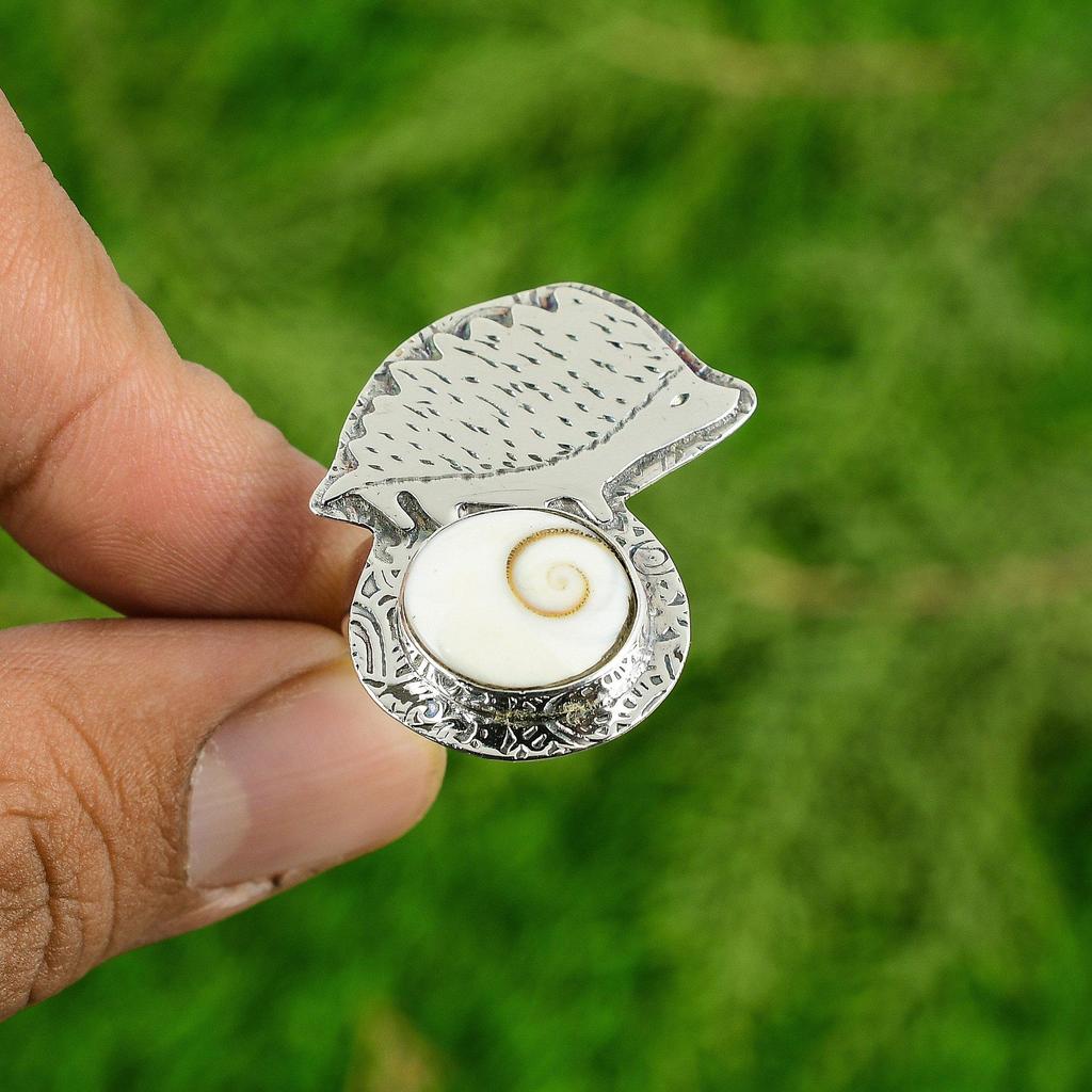 925 Sterling Silver Oval Shiva Eye Shell Gemstone Boho Promise Wedding Wife Ring