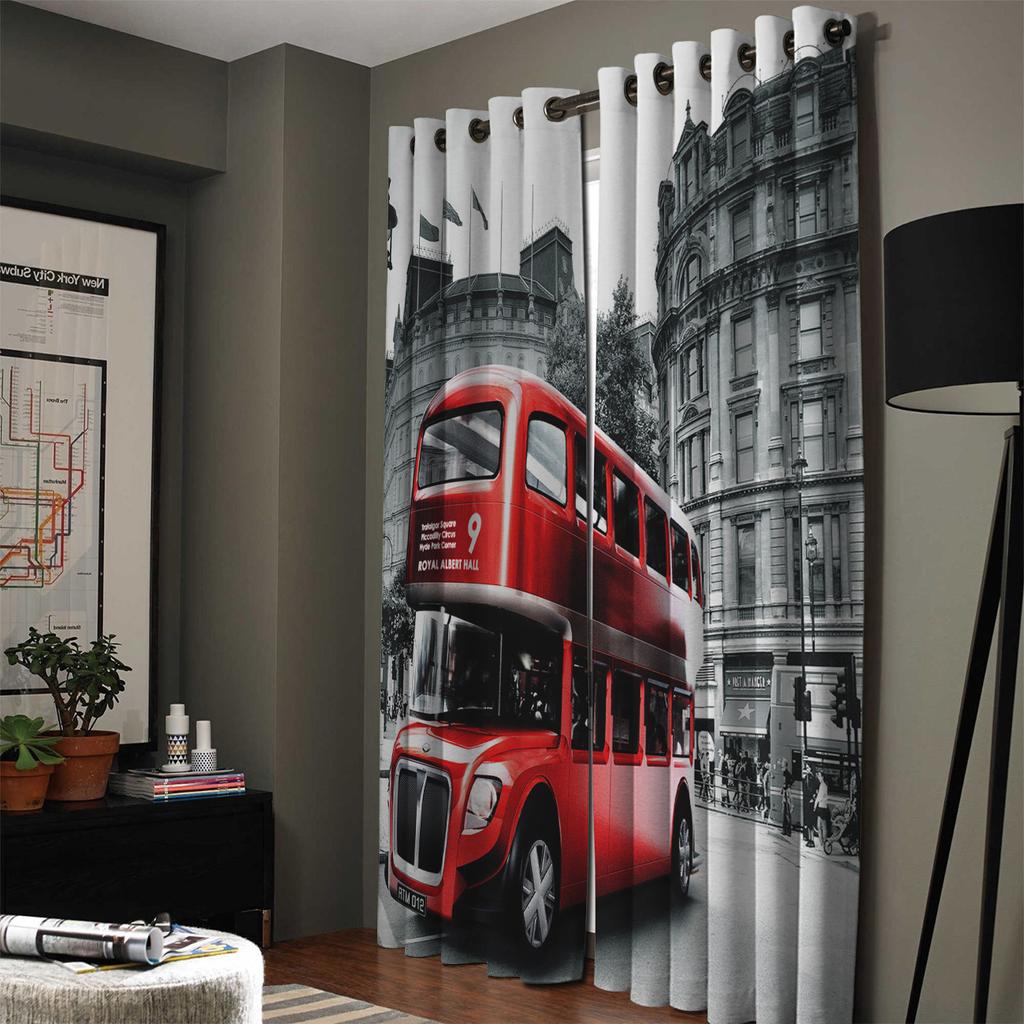 Red Bus London Street Scenery Local Color Window Curtains Scenic Curtains for Living Room Decorative Items Living Room