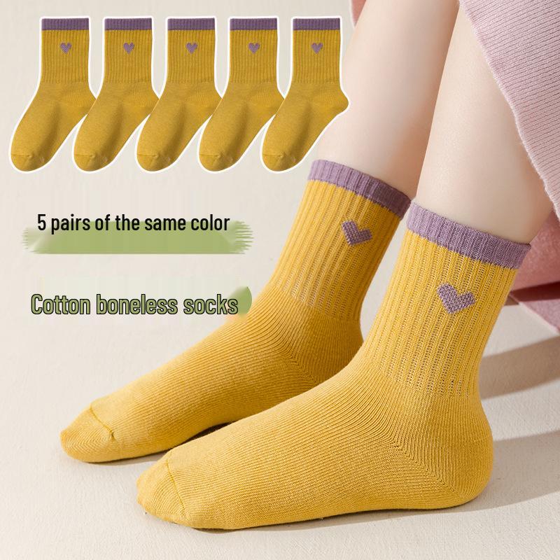 Girls’ Boneless Cotton Mid-Calf Socks - Breathable, Deodorant, Spring/Autumn Style