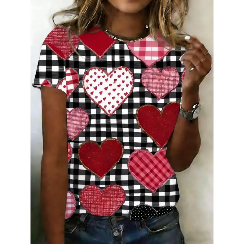 Fashion Women's 3D Love Color Printing Crew Neck T-Shirt Love Short Sleeve