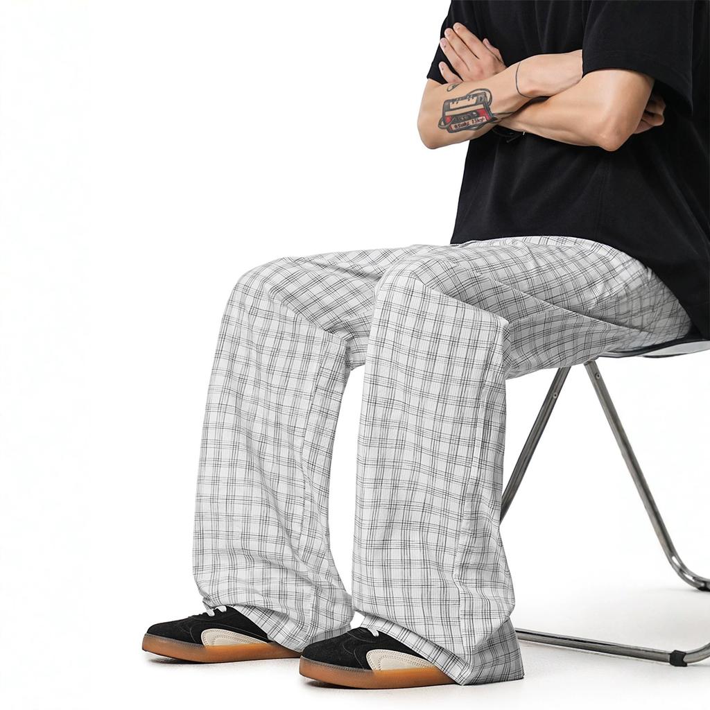 Summer Thin Plaid Seersucker Casual Pants Men and Women Loose Lazy Wind Drawstring Straight Pants Simple Commuter Trousers