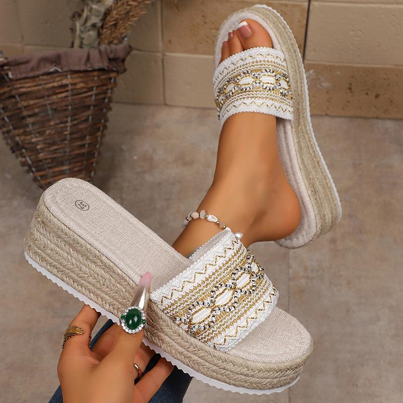 Fashion New Summer Espadrilles Platform Slippers Women Bohemian Style Gold Striped Wedges Sandals Woman Thick Sole Casual Beach Slippers