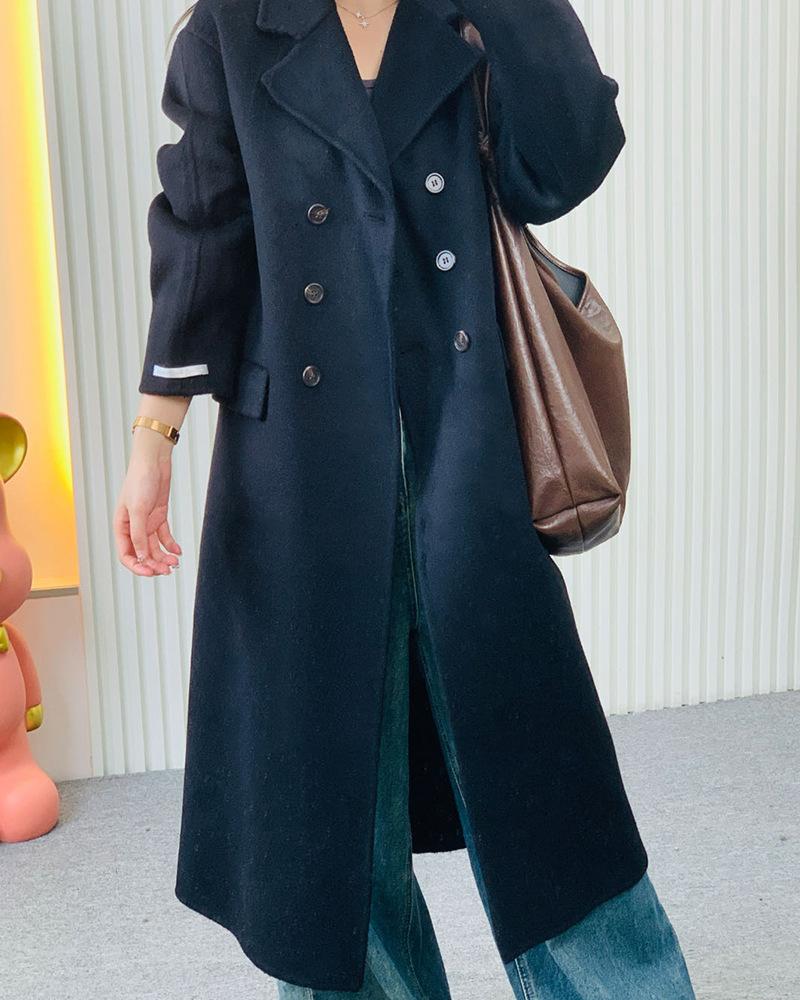 

New double pocket double-sided cashmere coat temperament slim-fit coat half-open neck long cashmere coat medium and long S чорний