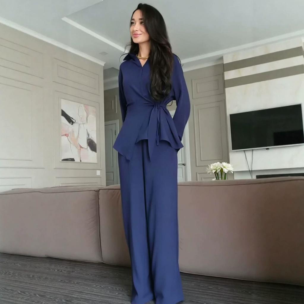 Cross-border Amazon foreign trade 2026 spring and autumn new European beautiful women shirt lace-up top casual wide-leg pants set