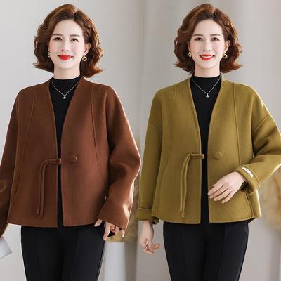 Stylish 2025 Frog Button Wool Coat for Women - Chinese Style, Age-Reducing, Double-Faced, Short Design, Perfect for Middle-Aged Fashion.