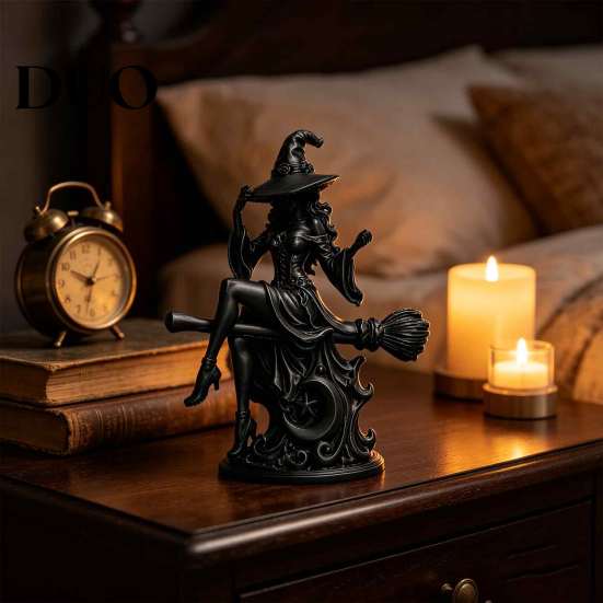 Dark Aesthetic Desk Accessory Gothic Witch On Broom Statue, 3D Printed Spooky Tabletop Figurine for Unique Gift Her Home Party, Black Halloween Decor