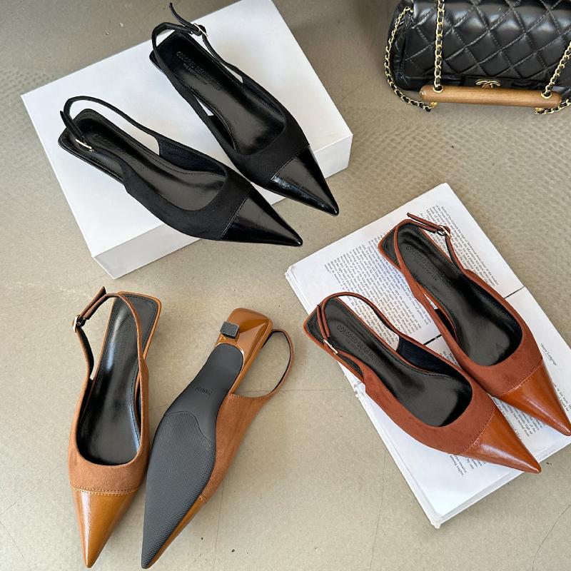 Elegant Splicing Brand Designer Sandals Women Sexy Pointed Toe Low Heel Pumps Fashion Satin Buckle Slingback Heels Zaptos Mujer