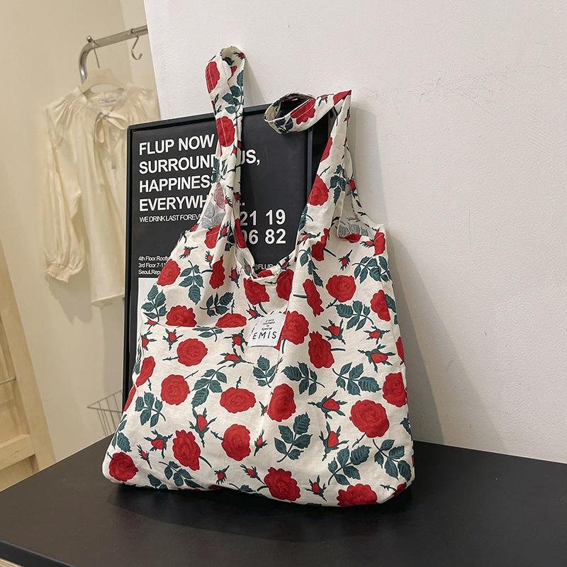 Summer Floral Bag Personality 2025 Foreign Style Large Capacity Rose Canvas Beach Shopping Bag Shoulder Armpit Bag
