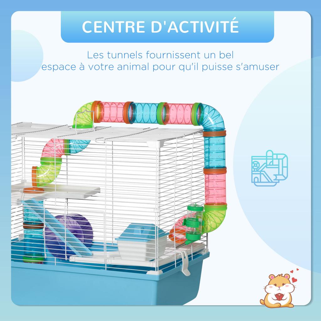 3-level Hamster/rat/rodent Cage with Tunnel, Water Bottle, Wheel, Small House, and Ladders. Dimensions: 59L X 36W X 47H Cm