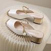 Fashion Women's Square Toe Comfort Heels Pearl Strap Mules Women Low Heels Dress Shoes Cover Toe Ankle Strap Sandals