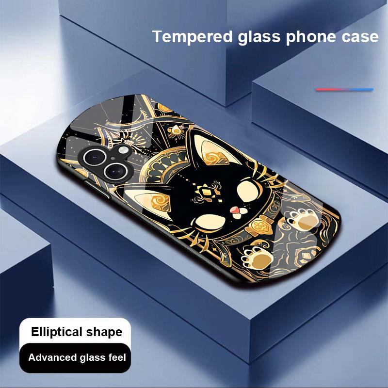 

Black Gold Cat For Apple IPhone 16 11 13 15 14 Pro Max 12 Mini 7 8 Plus XR X XS Elliptical Shaped Tempered Glass Phone Case For iPhone 16 Promax