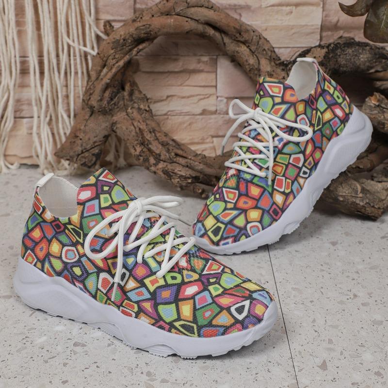 Fashion 2025 New Women Rainbow Shoes Autumn New Casual Daily Ladies Flat Shoes Round Toe Multi-Color Print Lace-up Sneakers