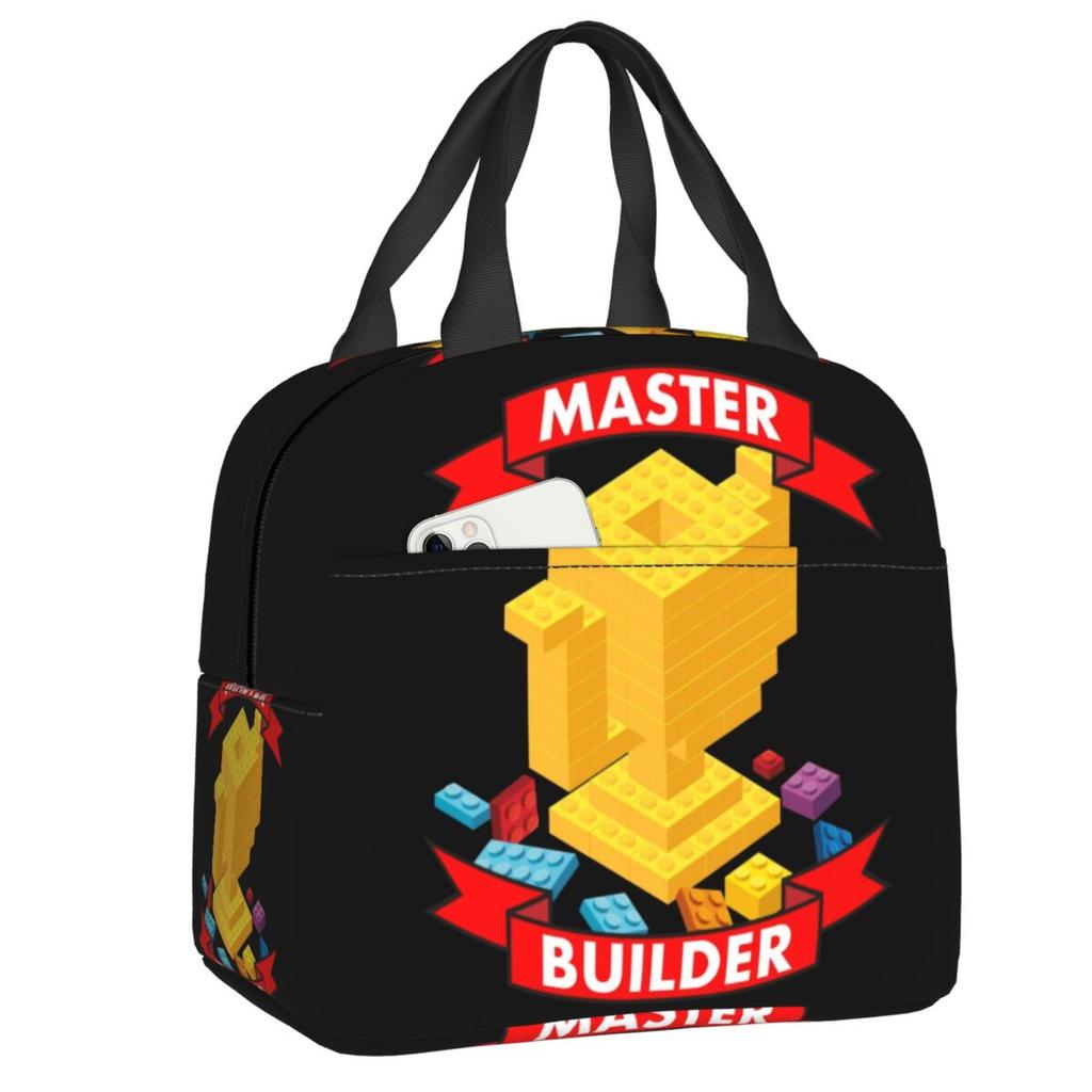 Custom Brick Builder Blocks Master Builder Insulated Lunch Tote Bag for Women Resuable Cooler Thermal Food Lunch Box Children
