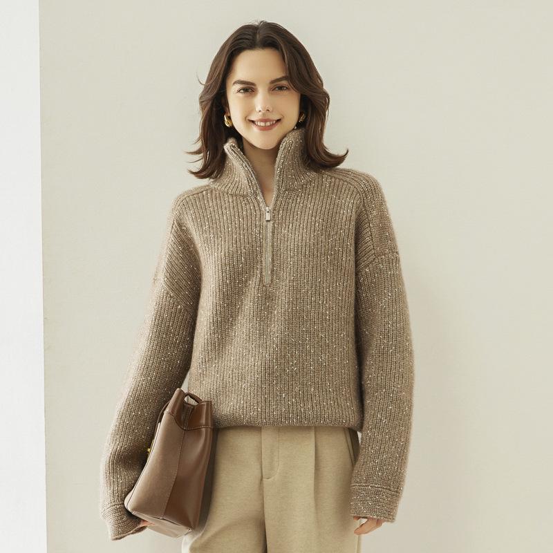 2024 Women's Wool Knit Half-Zip High Neck Sweater