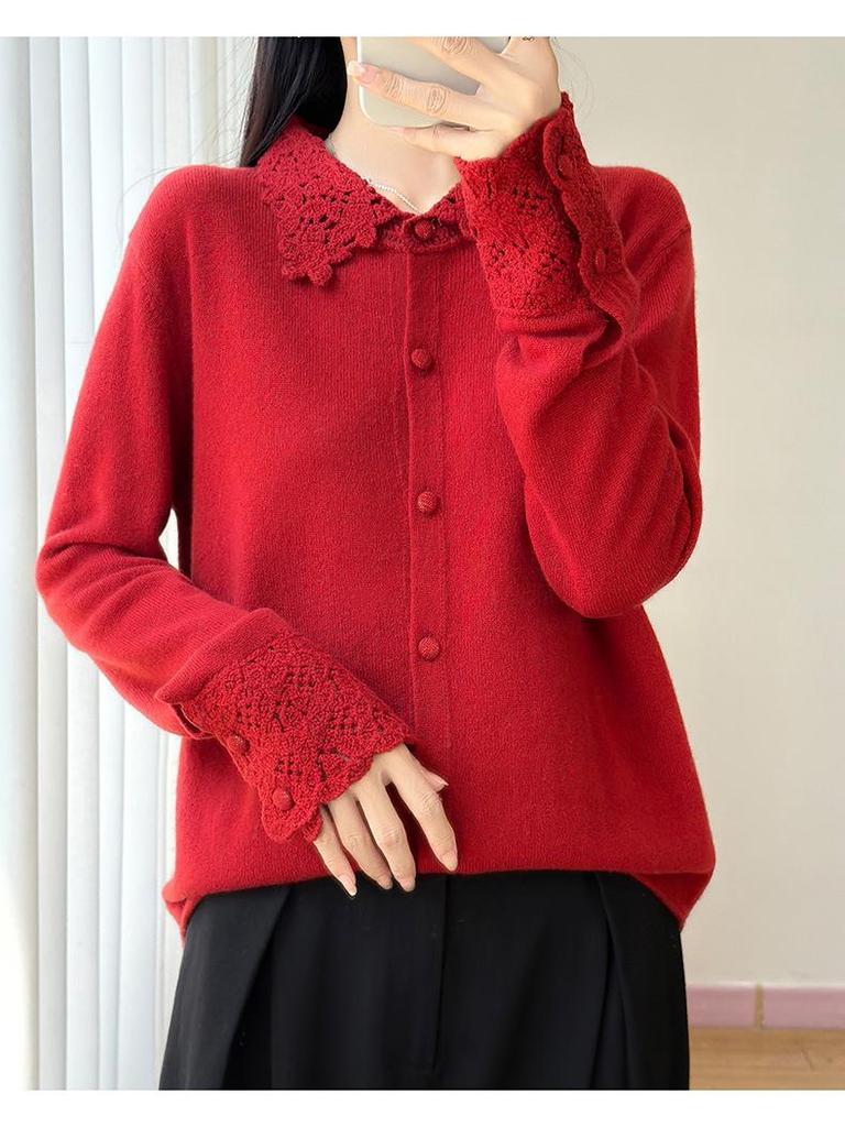 100% Mercerized Wool Crochet Lace Polo Collar Casual Versatile Knit Cardigan for Women