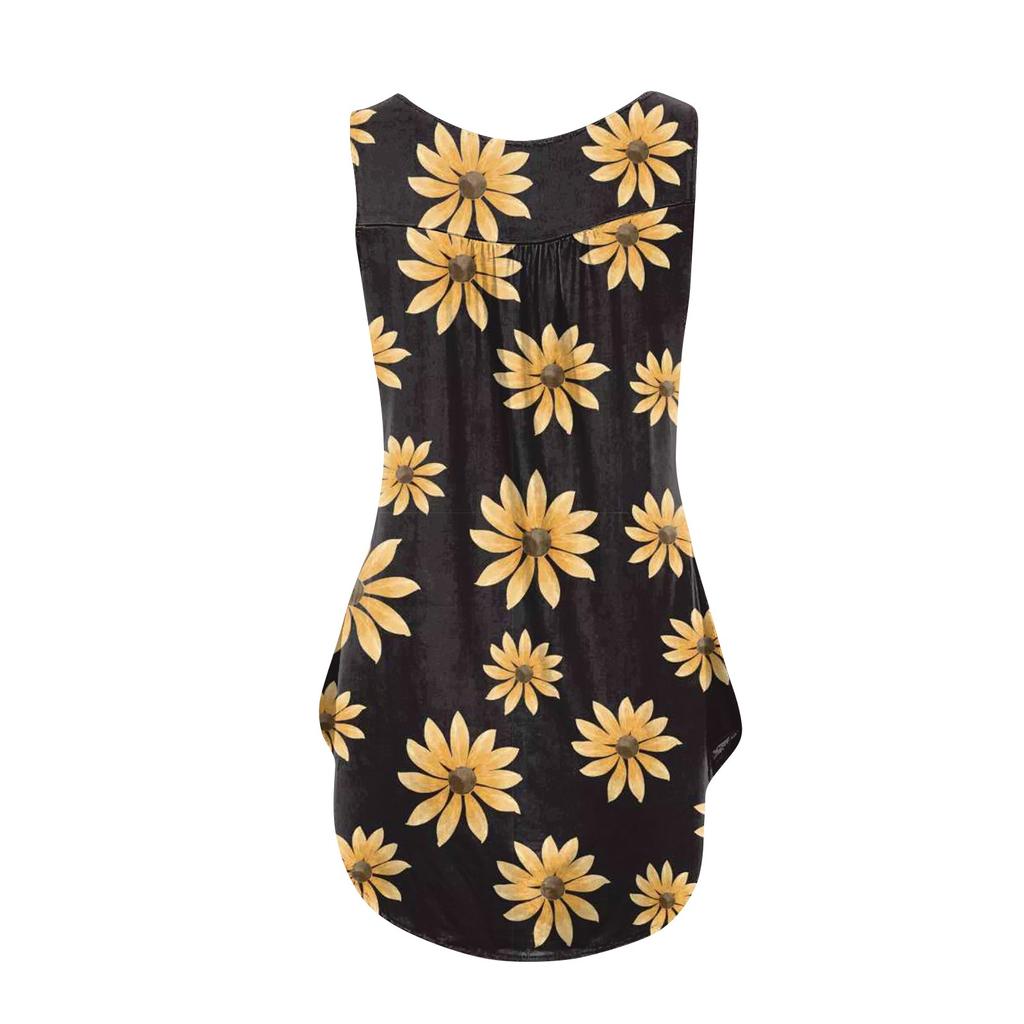 Women's Fashion Floral Printing Pleated Sleeveless Casual T-shirt Vest Button Top