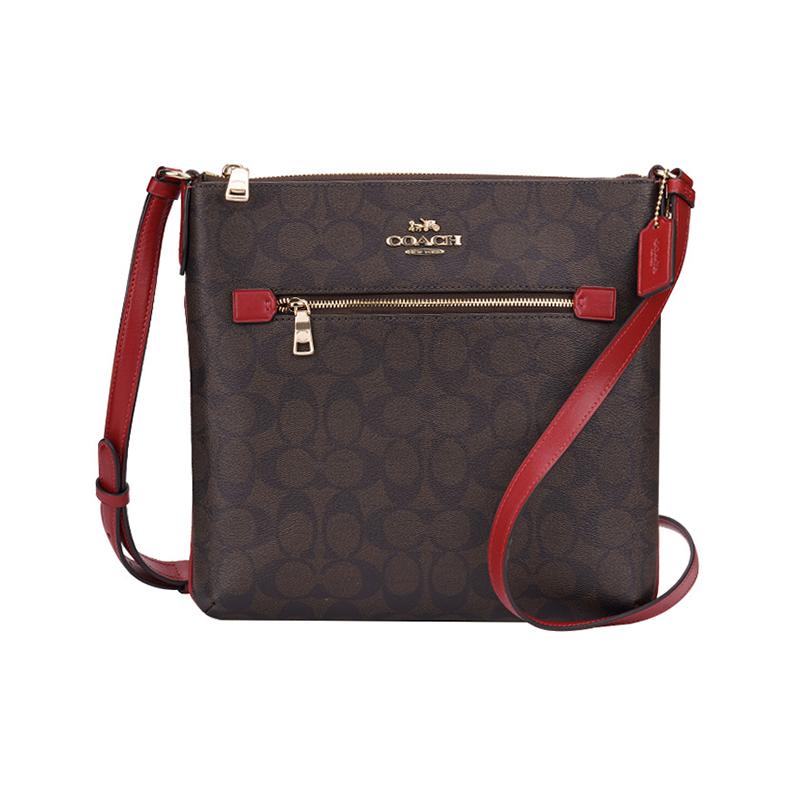 COACH Rowan 26 letter print coated canvas crossbody bag medium women s dark brown with red коричневый