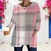 Women Plus Size Round Neck Long Sleeve Pink Purple Plaid Printed Loose Longline T Shirt With Pockets