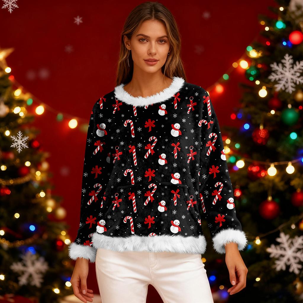 Damska bluza polarowa casual z długim rękawem i okrągłym dekoltem, wygodna, o luźnym kroju, lekka, damska bluza flanelowa